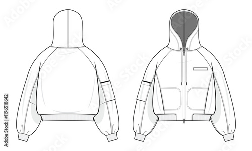 Utility Hooded Bomber Jacket Technical Fashion Illustration. Bomber Jacket with Three-Pocket Design Detail Vector Template. Front and Back View. Relaxed Fit. Raglan Sleeves. Ribbed. Unisex. CAD Mockup