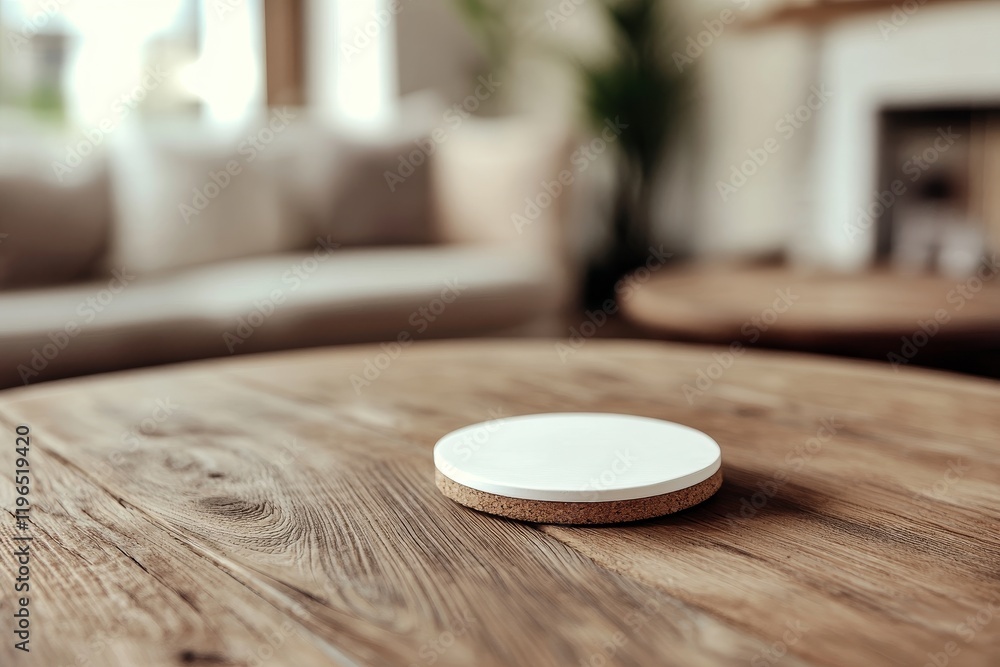 White coaster on rustic wooden coffee table in living room.