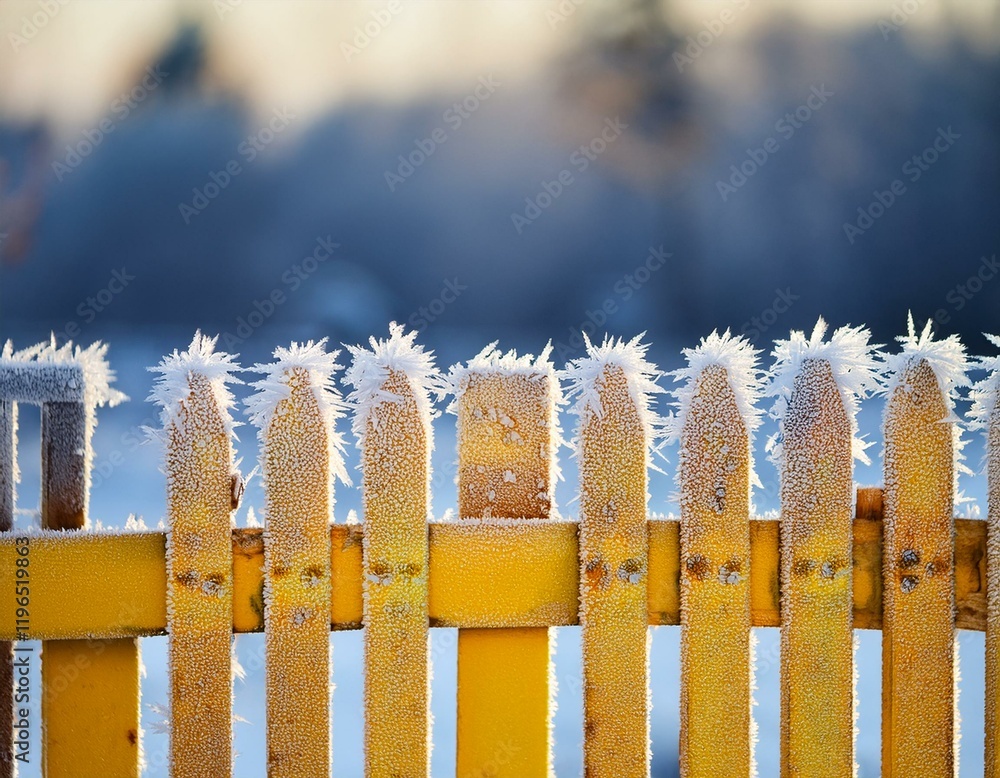 Fototapeta premium A frozen wooden fence covered with ice crystals