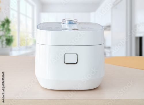 A minimalist white rice cooker filled with steaming rice, situated in a bright, cozy kitchen. Great for advertisements related to modern home appliances or healthy cooking solutions. photo