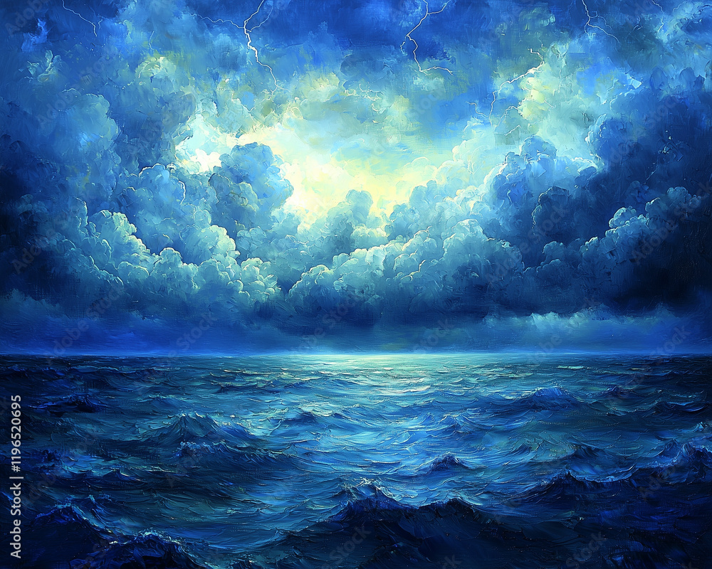 Fototapeta premium tranquil dawn light filters through storm clouds over a calm ocean