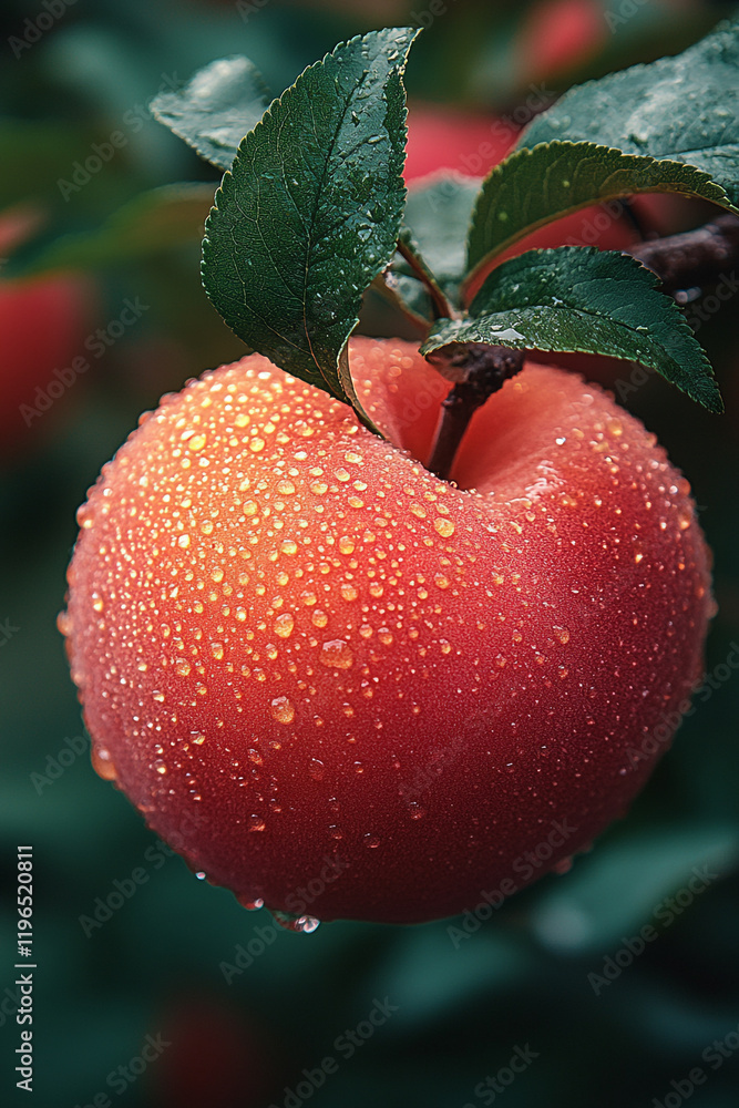 Obraz premium Dewdrops Adorn A Ripe Red Apple On The Branch