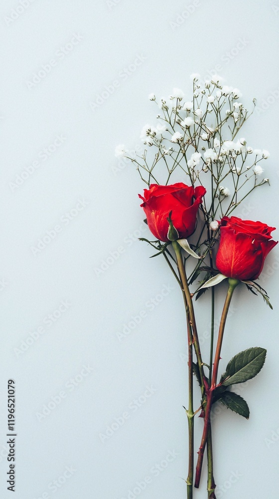 A romantic floral arrangement featuring red roses and delicate baby's breath, with space for text on a light pastel background A romantic floral arrangement featuring red roses and delicate baby's breath, with space for text on a light pastel background