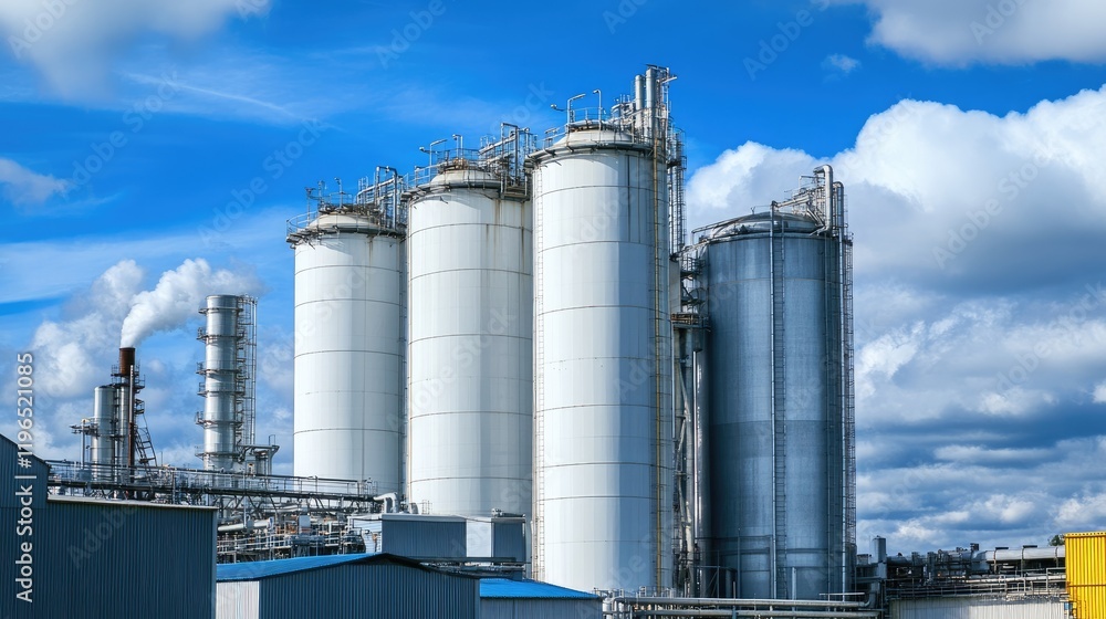 Pristine white factory building surrounded by clean blue skies, symbolizing modern industrial design. Pristine white factory building surrounded by clean blue skies, symbolizing modern industrial design.