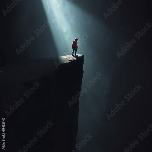 An artwork depicting a person on the edge of an abyss with contrasting chiaroscuro lighting, strong contrasts between light and deep shadows