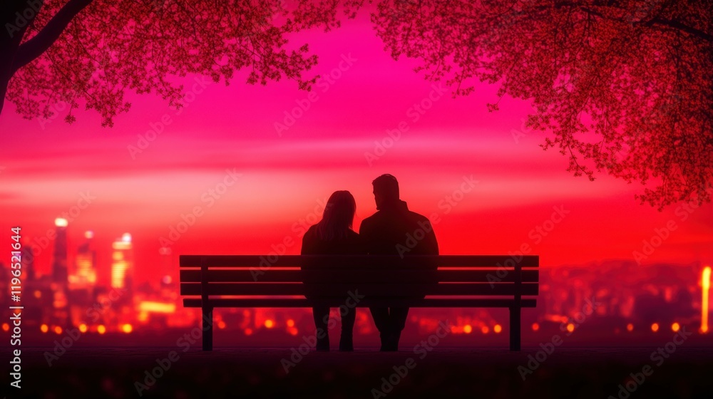 Romantic evening: couple sitting on a bench under a vibrant red sky Romantic evening: couple sitting on a bench under a vibrant red sky