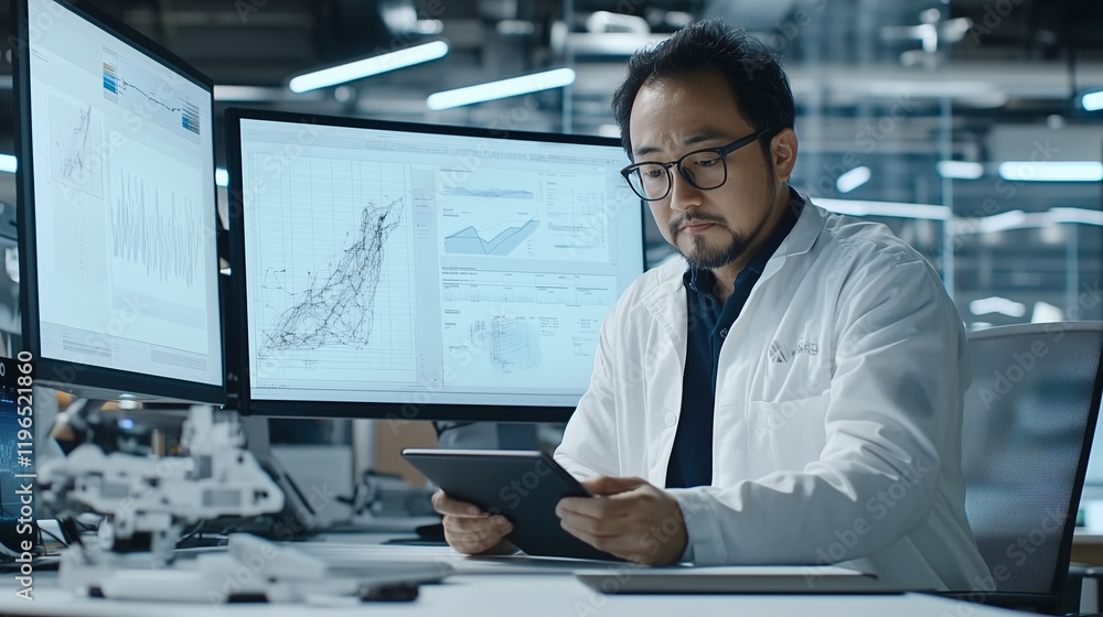 Focused Scientist Reviewing Data: A dedicated scientist meticulously reviews data on multiple monitors and a tablet, showcasing intense focus and dedication in a high-tech laboratory setting. Focused Scientist Reviewing Data: A dedicated scientist meticulously reviews data on multiple monitors and a tablet, showcasing intense focus and dedication in a high-tech laboratory setting.