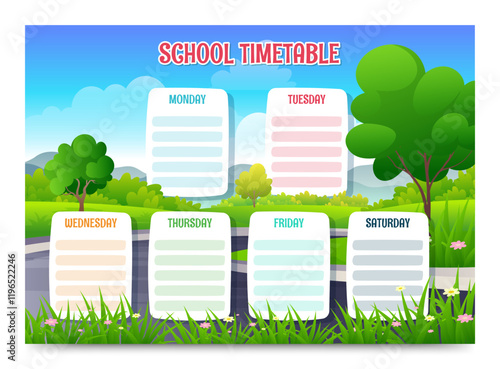 School timetable with greenery cartoon landscape vector illustration