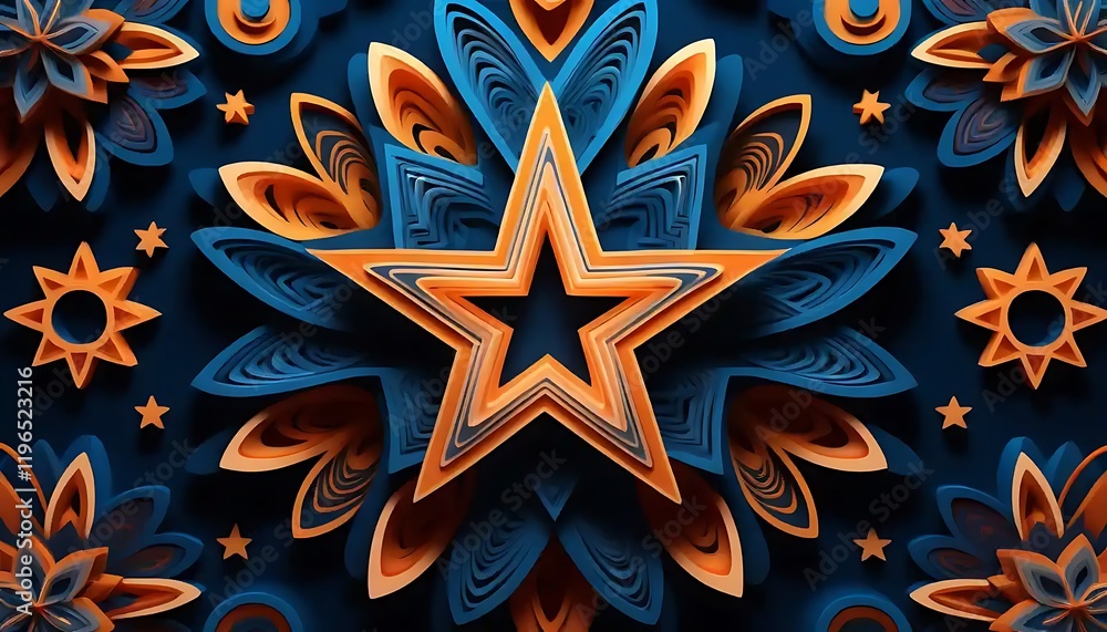 Abstract layered star and flower design in blue and orange Abstract layered star and flower design in blue and orange