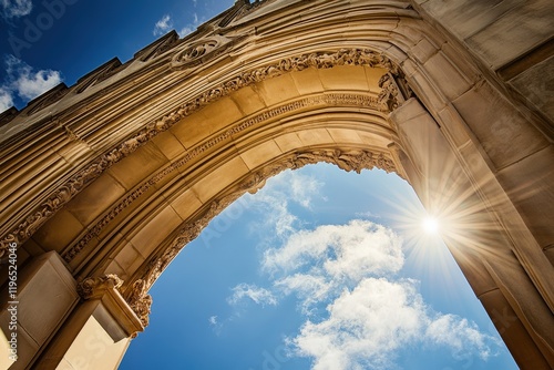 Archway with sunlight shining through against a blue sky, showcasing architectural beauty and nature in urban environments, perfect for travel or history themes. photo