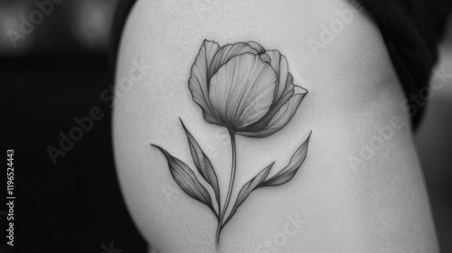 Elegant Black and White Floral Tattoo on Hip