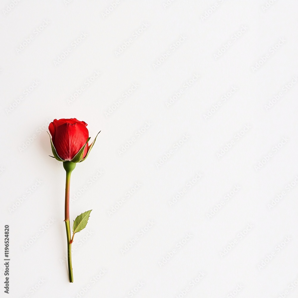 A minimalist Valentine’s Day card concept featuring a single red rose on a white background, elegant and modern stock photo style, perfect for a card design, copyspace included, no trademarks A minimalist Valentine’s Day card concept featuring a single red rose on a white background, elegant and modern stock photo style, perfect for a card design, copyspace included, no trademarks