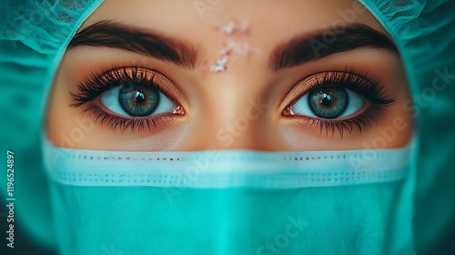 Intense Gaze: Serene Doctor's Eyes Behind a Teal Mask photo