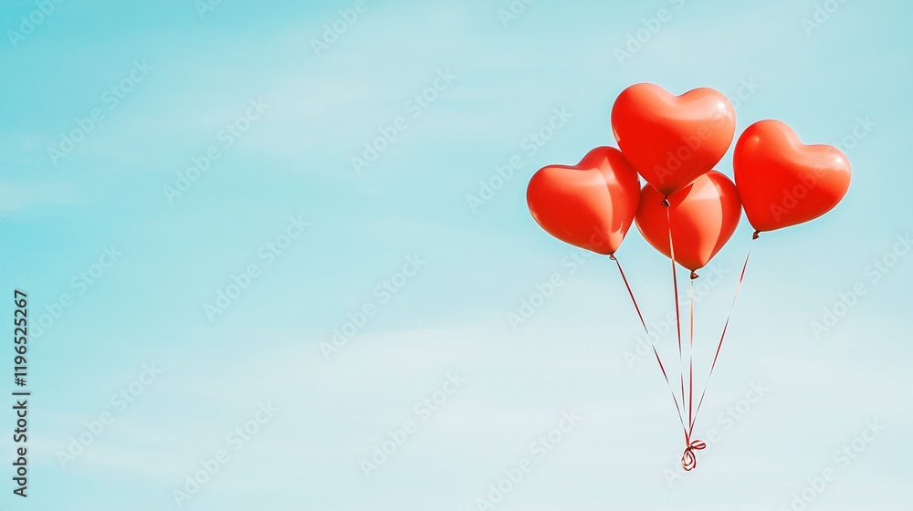 A whimsical Valentine's Day composition featuring floating heart-shaped balloons in a blue sky, light and airy, perfect for a greeting card, copyspace included, artistic editorial style, no trademarks A whimsical Valentine's Day composition featuring floating heart-shaped balloons in a blue sky, light and airy, perfect for a greeting card, copyspace included, artistic editorial style, no trademarks