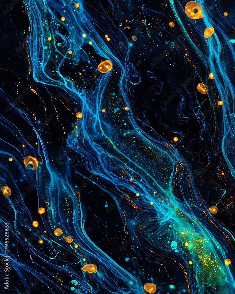 Naklejka premium Microscopic view of bioluminescent energy waves, organic flowing patterns, cellular level, abstract natural forms