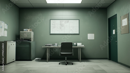 Empty Office, Green Walls: A minimalist, almost sterile office space with sage green walls, a simple desk and chair, and minimal decor. The atmosphere is quiet and contemplative.  