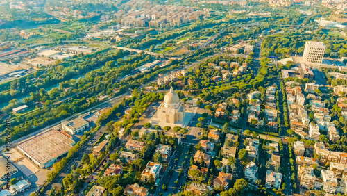 Rome, Italy. Watercolor illustration. Basilica dei Santi Pietro e Paolo. District EUR - Quarter is a vast complex of buildings built on the orders of dictator Benito Mussolini, Aerial View photo