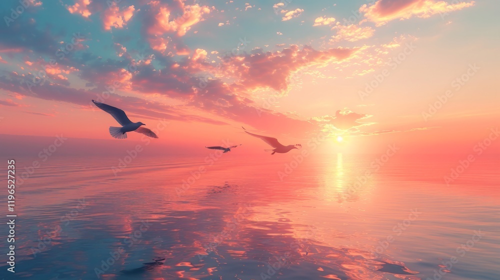 Fototapeta premium Three seagulls flying over the water with a beautiful sunset in the background. AI generative. .