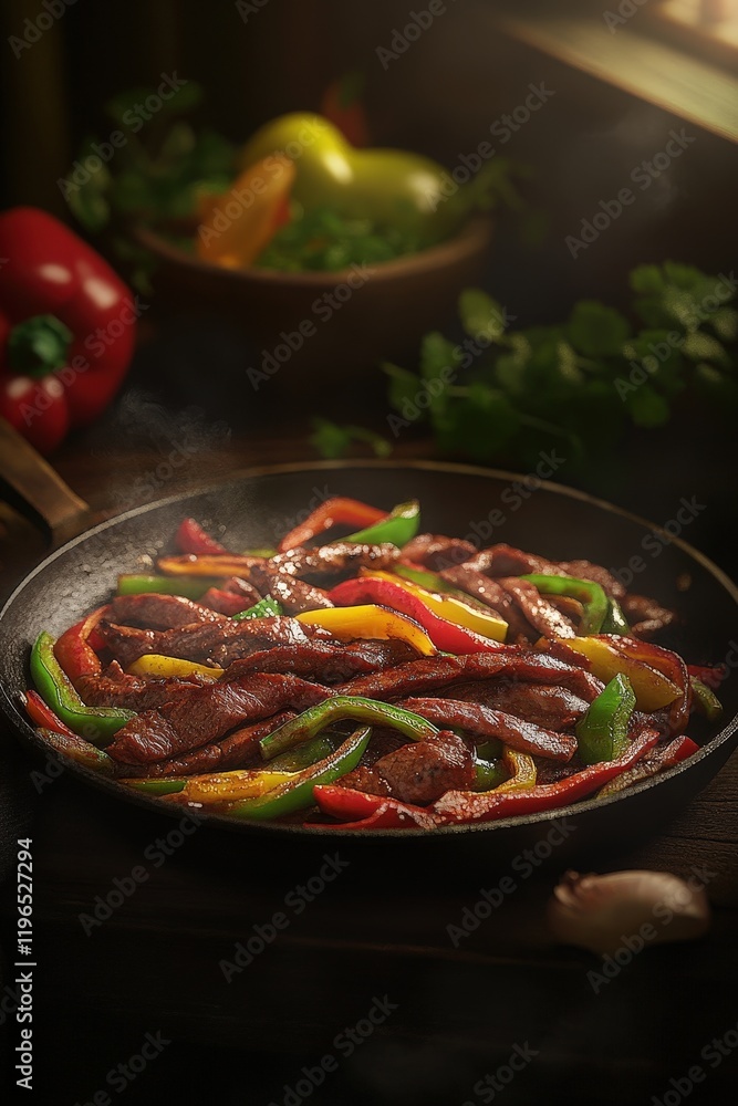 Beef stir-fry with colorful bell peppers and onions sizzling in a skillet, showcasing fresh ingredients and vibrant culinary presentation for gourmet meals. Beef stir-fry with colorful bell peppers and onions sizzling in a skillet, showcasing fresh ingredients and vibrant culinary presentation for gourmet meals.