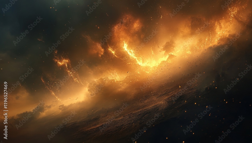 Naklejka premium Fiery cosmic storm engulfing a planet's surface.
