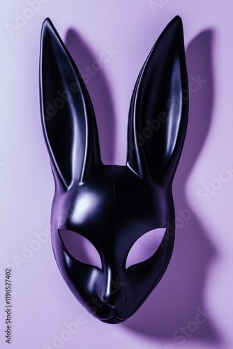 Black bunny mask displayed on a pastel purple background, highlighting themes of mystery, nightlife, and costume accessories for parties or events. photo