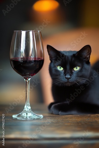 Black cat relaxing beside a glass of red wine on a wooden table, creating a cozy atmosphere for a home gathering or a quiet evening.