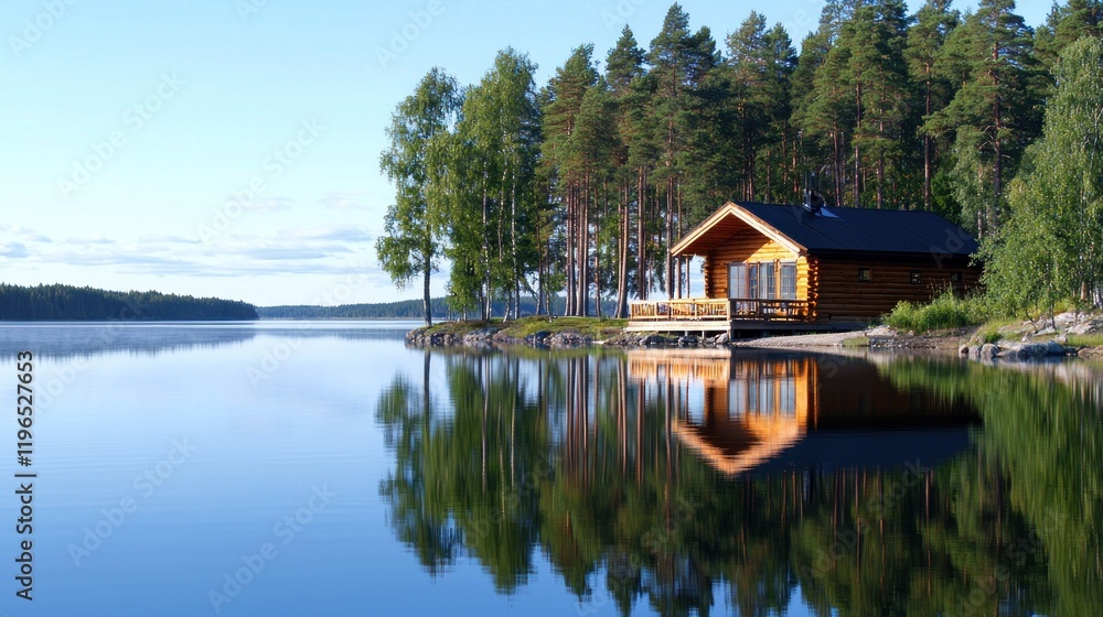 Fototapeta premium Serene lakeside cabin surrounded by lush trees and calm waters.