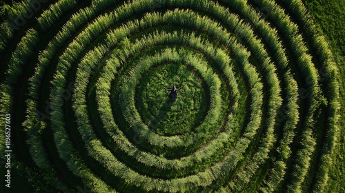 Aerial View of a Person in a Circular Green Maze