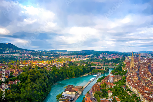 Bern, Switzerland. Watercolor illustration. Kirchenfeldbrucke Bridge, Aare River. Bern Cathedral. Summer morning. Aerial view photo