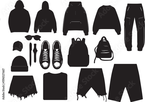 Streetwear Essentials Mockup Pack, Fashion Flat Sketch Templates for Designing - Clothing Brand silhouette vector on white background