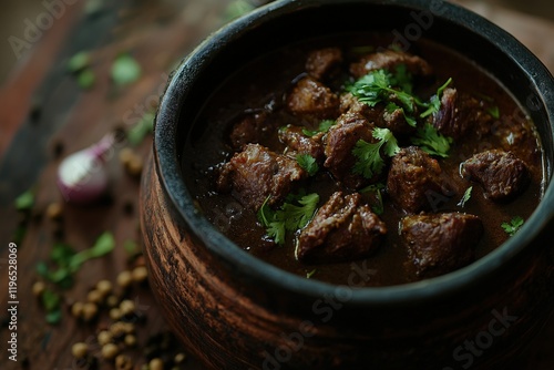 Bowl of flavorful meat stew with herbs on wooden table, showcasing rich textures and colors, perfect for culinary features or food blogging content. photo