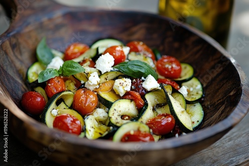 Bowl of fresh zucchini and cherry tomato salad with feta cheese, topped with basil, served with olive oil for healthy eating and Mediterranean cuisine. photo