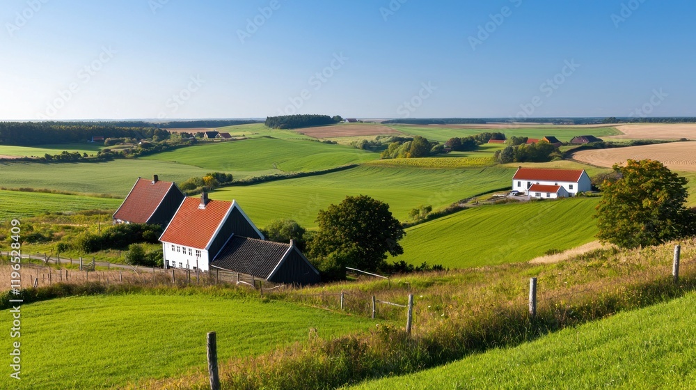 Scenic countryside landscape with green fields and houses. Scenic countryside landscape with green fields and houses.