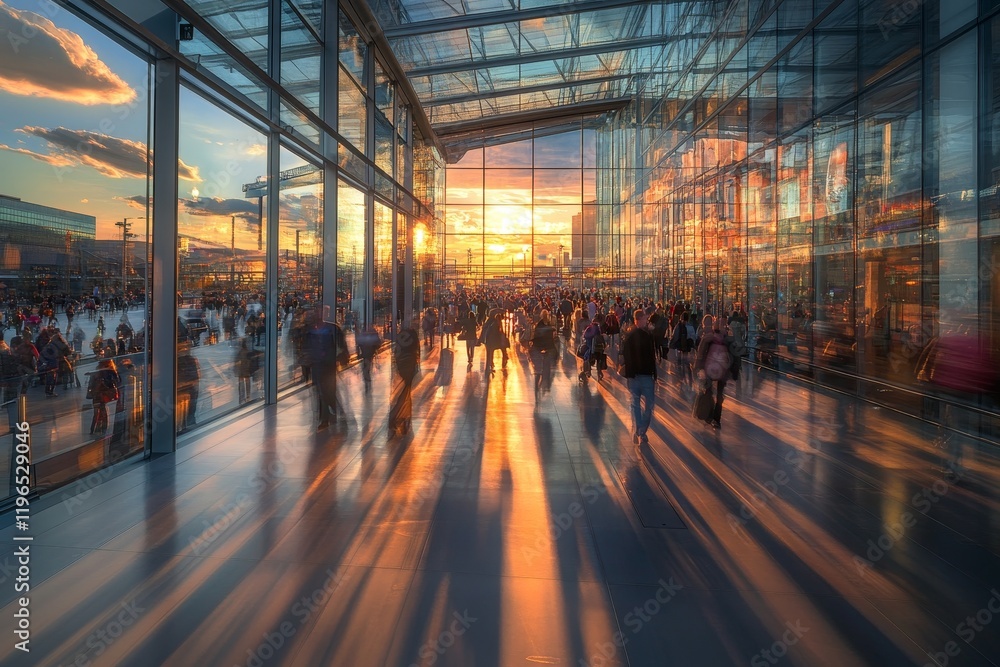 Sunset view through glass building, people walking. Sunset view through glass building, people walking.
