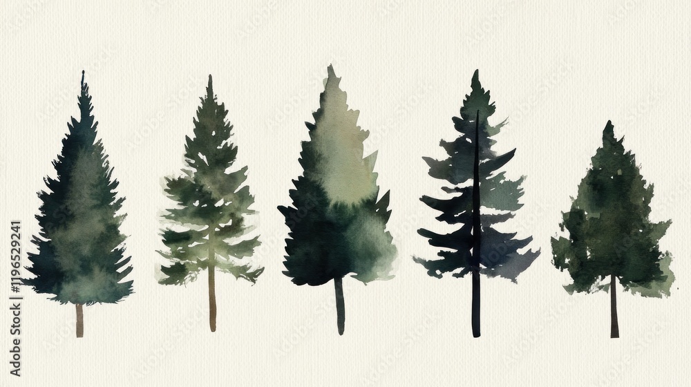 Watercolor painting of five evergreen trees. Watercolor painting of five evergreen trees.