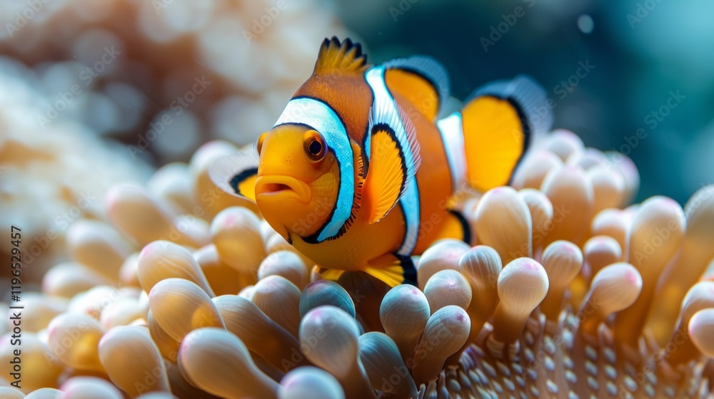 Close-up of an orange and white clownfish in an anemone with a blue background. AI generative. . Close-up of an orange and white clownfish in an anemone with a blue background. AI generative. .