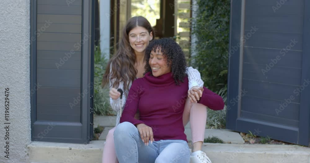 Smiling lesbian couple sitting on steps, holding keys to new home Smiling lesbian couple sitting on steps, holding keys to new home
