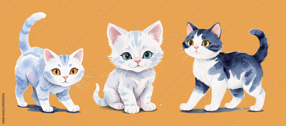 Three playful cartoon cats with distinct colors and expressions on a bright orange background Three playful cartoon cats with distinct colors and expressions on a bright orange background