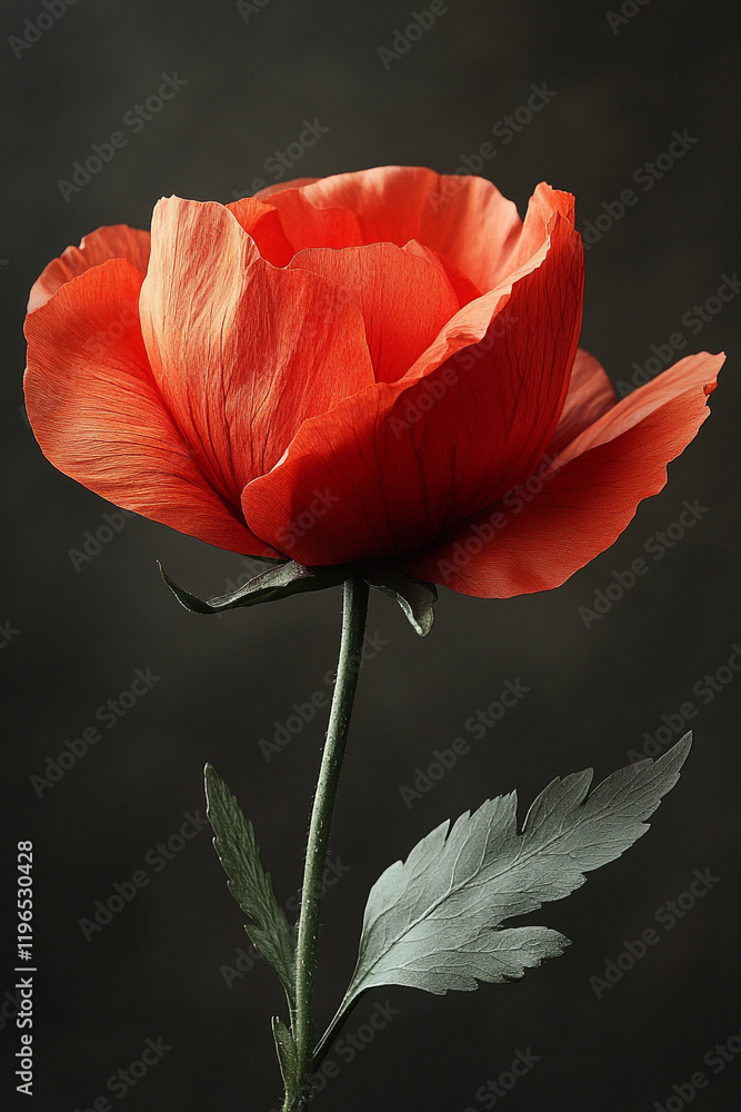 Single Orange Poppy Flower Stem and Leaf Single Orange Poppy Flower Stem and Leaf