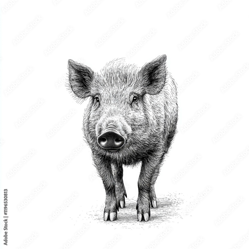 Pen and Ink Drawing of a Pig: A Detailed Monochrome Portrait of a Domesticated Pig, Captivating in its Realism and Detail. Perfect for Animal Lovers and Art Enthusiasts.
