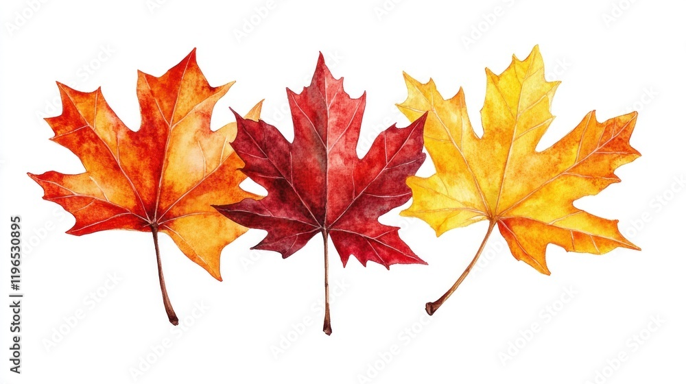 Three autumn maple leaves in red, orange, and yellow, isolated on white. Three autumn maple leaves in red, orange, and yellow, isolated on white.