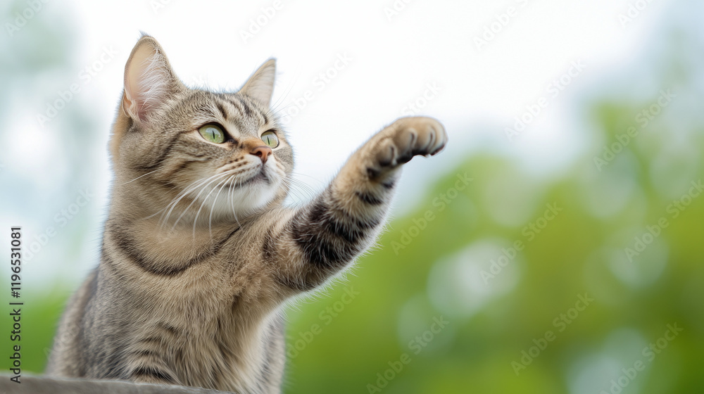 Curious Tabby Cat: A curious tabby cat with piercing green eyes, stretches out a paw, gazing upwards with a playful and inquisitive expression, creating a charming portrait of feline curiosity. Curious Tabby Cat: A curious tabby cat with piercing green eyes, stretches out a paw, gazing upwards with a playful and inquisitive expression, creating a charming portrait of feline curiosity.