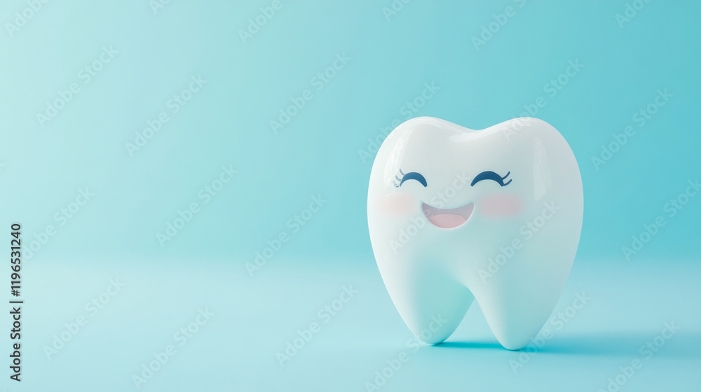 Adorable smiling tooth character on light blue background