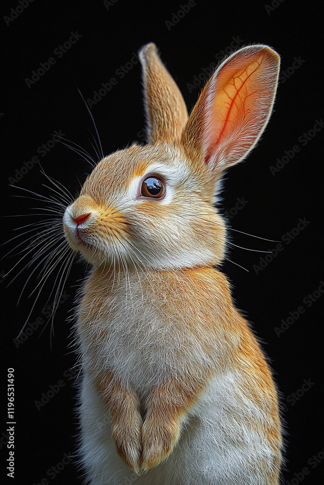 Fototapeta premium Adorable Young Rabbit Posing Against Black Background