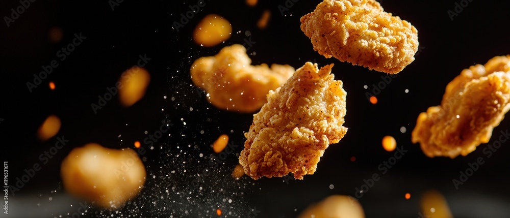 Chicken nuggets flying in the air with crispy texture, sprinkled with spices and seasonings, ideal for fast food promotional materials and culinary delights. Chicken nuggets flying in the air with crispy texture, sprinkled with spices and seasonings, ideal for fast food promotional materials and culinary delights.