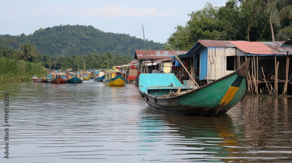 Riverside village with colorful boats Riverside village with colorful boats