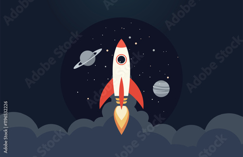 vector flat design illustration of space, rocket, astronaut, planet