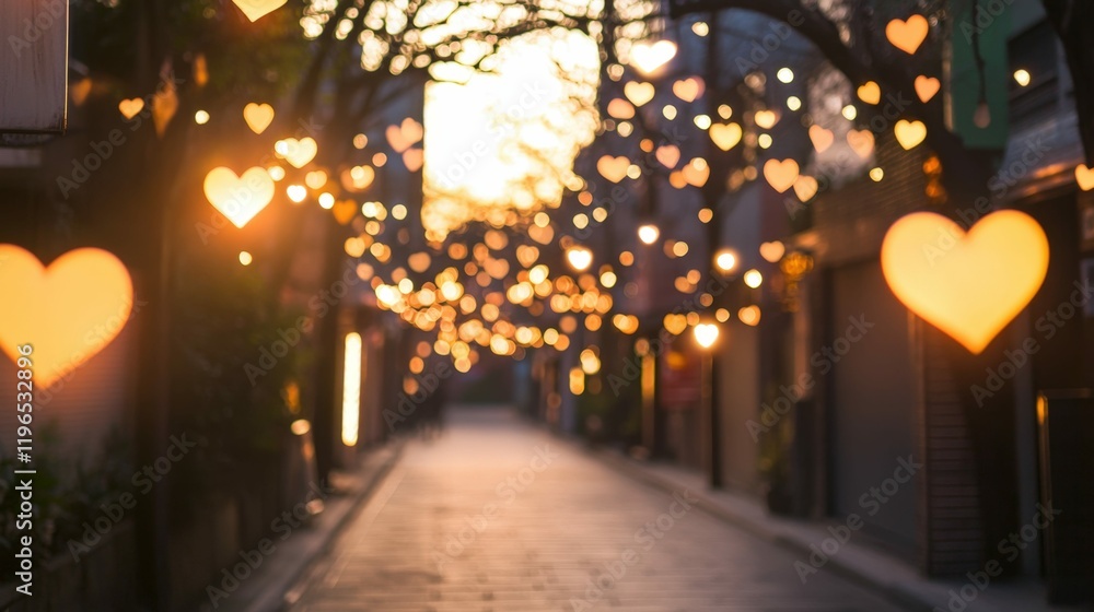 Enchanting street with heart shaped lights in romantic atmosphere Enchanting street with heart shaped lights in romantic atmosphere