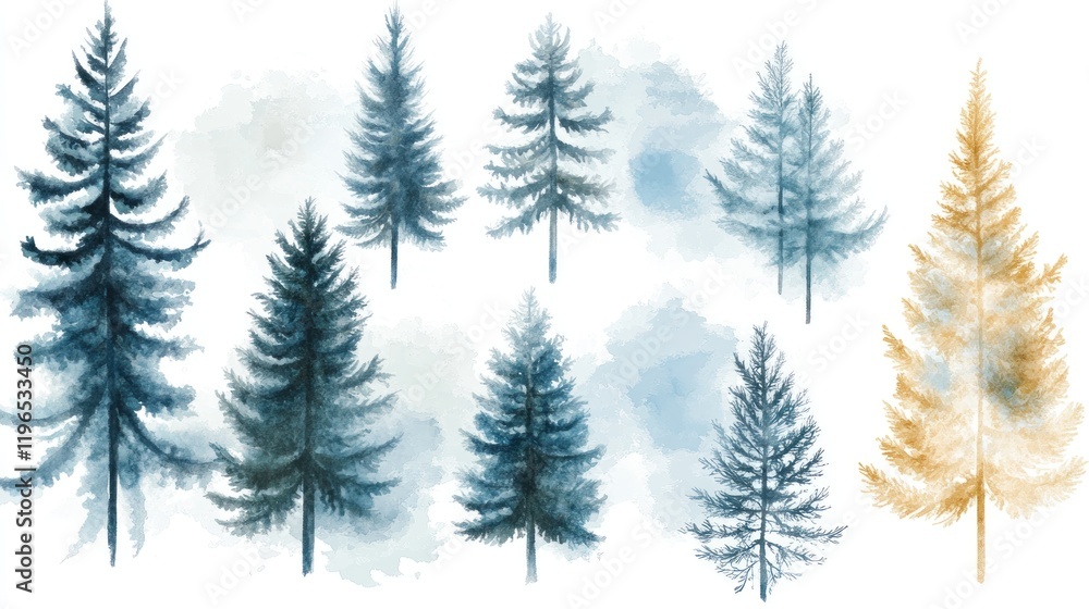 Watercolor painting of various evergreen trees in blue and gold hues against a white background. Watercolor painting of various evergreen trees in blue and gold hues against a white background.