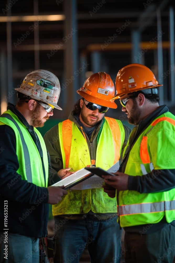 Construction workers collaborating on site with safety gear and helmets, inspecting plans and discussing project details for effective teamwork and project success. Construction workers collaborating on site with safety gear and helmets, inspecting plans and discussing project details for effective teamwork and project success.
